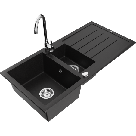 Mexen Andres granite sink 1.5-bowl with drainer and Telma kitchen tap, black - 6515-77-670200-00