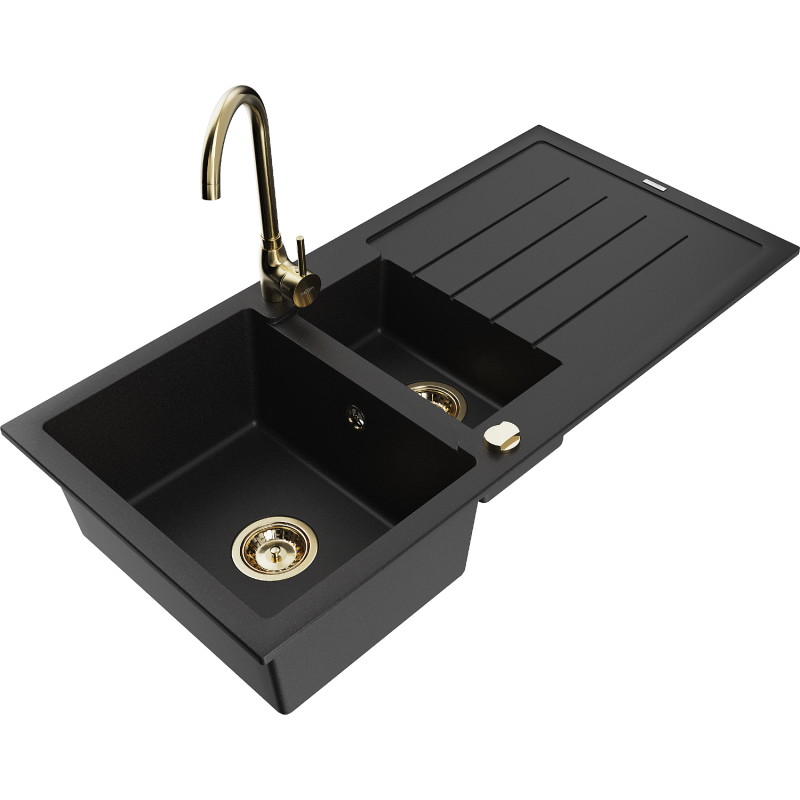 Mexen Andres granite sink 1.5-bowl with drainer and Telma kitchen tap, black - 6515-77-670200-50