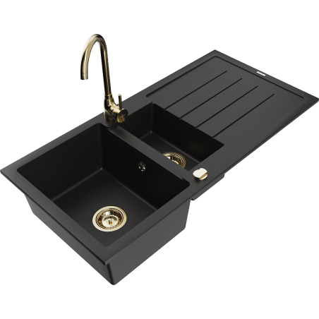 Mexen Andres 1.5-bowl granite sink with drainer and Telma kitchen faucet, black - 6515-77-670200-50