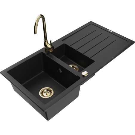 Mexen Andres granite sink 1.5-bowl with drainer and Telma kitchen tap, black - 6515-77-670200-50