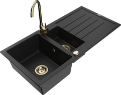 Mexen Andres 1.5-bowl granite sink with drainer and Telma kitchen faucet, black - 6515-77-670200-50