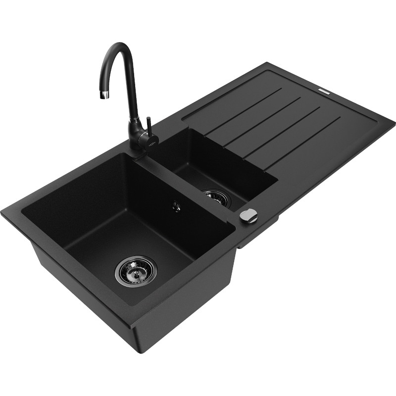 Mexen Andres granite sink 1.5-bowl with drainer and Telma kitchen faucet, black - 6515-77-670200-70-B