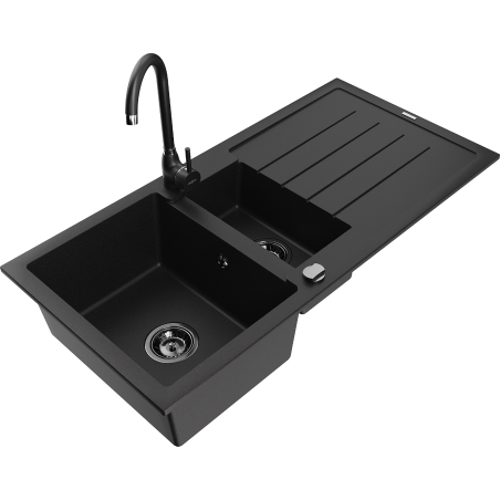 Mexen Andres 1.5-bowl granite sink with drainer and Telma kitchen faucet, black - 6515-77-670200-70-B