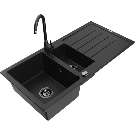 Mexen Andres 1.5-compartment granite sink with a drip tray and kitchen mixer tap Telma, Black - 6515-77-670200-70-B