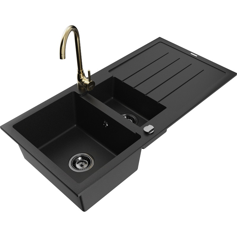 Mexen Andres granite sink 1.5-bowl with drainer and Telma kitchen faucet, black - 6515-77-670200-50-B