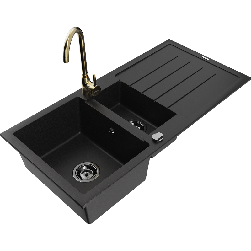 Mexen Andres granite sink 1.5-bowl with drainer and Telma kitchen tap, black - 6515-77-670200-50-B