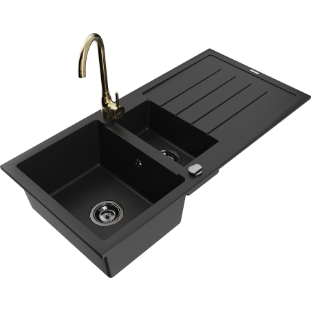 Mexen Andres granite sink 1.5-bowl with drainer and Telma kitchen faucet, black - 6515-77-670200-50-B