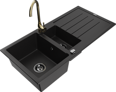 Mexen Andres granite sink 1.5-bowl with drainer and Telma kitchen faucet, black - 6515-77-670200-50-B