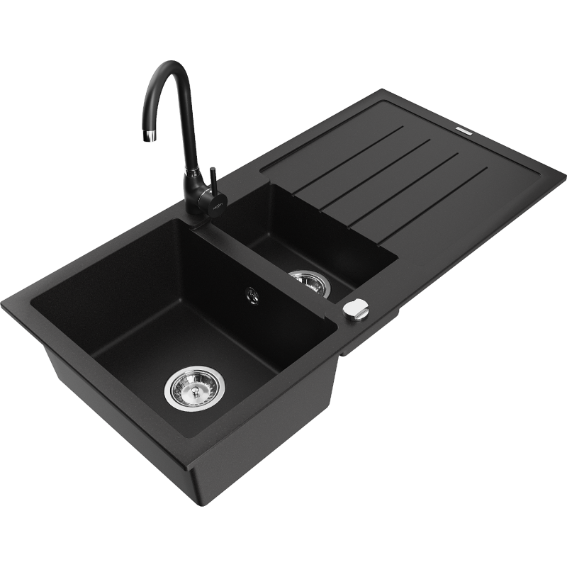 Mexen Andres 1.5-bowl granite sink with drainer and kitchen faucet Telma, black - 6515-77-670200-70