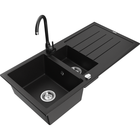 Mexen Andres 1.5-compartment granite sink with a drip tray and kitchen mixer tap Telma, Black - 6515-77-670200-70