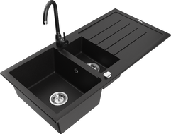 Mexen Andres 1.5-bowl granite sink with drainer and kitchen faucet Telma, black - 6515-77-670200-70