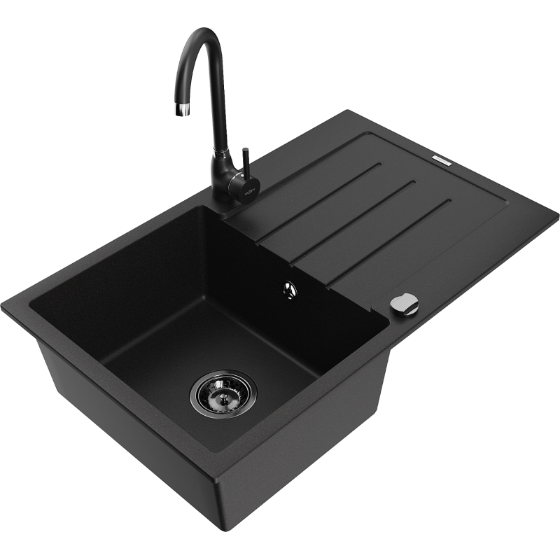 Mexen Bruno 1-compartment granite sink with a drip tray and kitchen mixer tap Telma, Black - 6513-77-670200-70-B