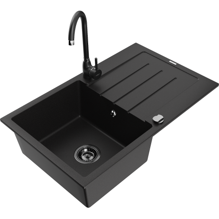 Mexen Bruno granite sink 1-bowl with drainer and Telma kitchen tap, black - 6513-77-670200-70-B