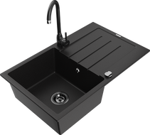 Mexen Bruno granite kitchen sink 1-bowl with drainer and Telma kitchen faucet, black - 6513-77-670200-70-B