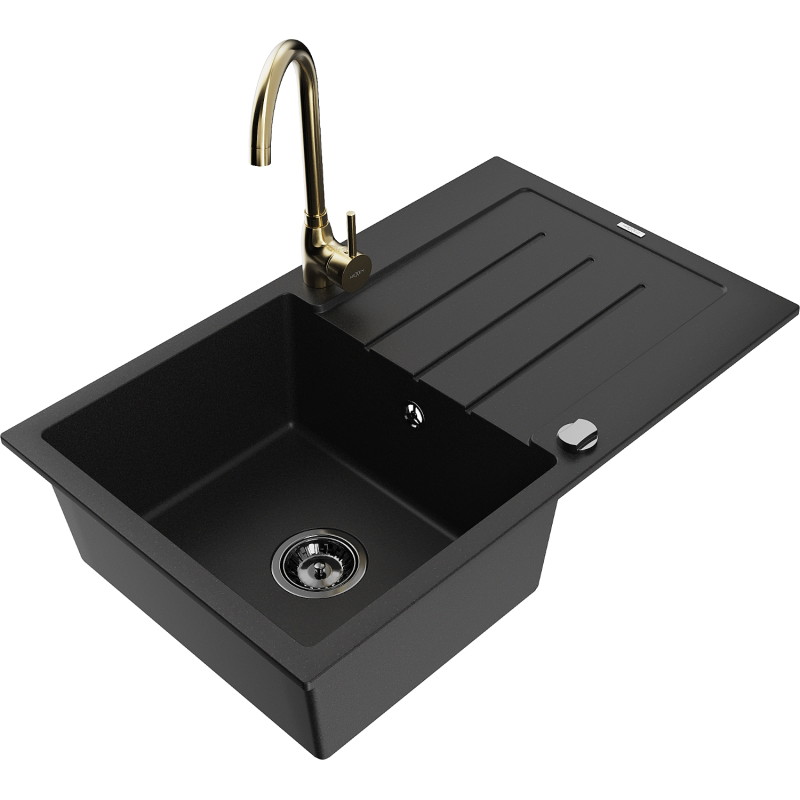 Mexen Bruno 1-bowl granite sink with drainer and Telma kitchen faucet, black - 6513-77-670200-50-B