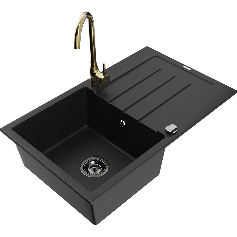 Mexen Bruno 1-compartment granite sink with a drip tray and kitchen mixer tap Telma, Black - 6513-77-670200-50-B