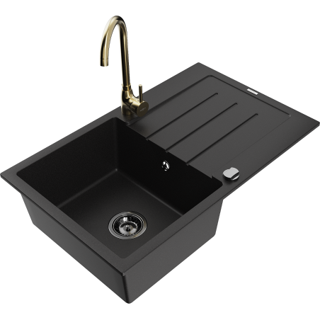 Mexen Bruno granite kitchen sink 1-bowl with drainer and Telma kitchen faucet, black - 6513-77-670200-50-B