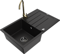 Mexen Bruno 1-bowl granite sink with drainer and Telma kitchen tap, black - 6513-77-670200-50-B