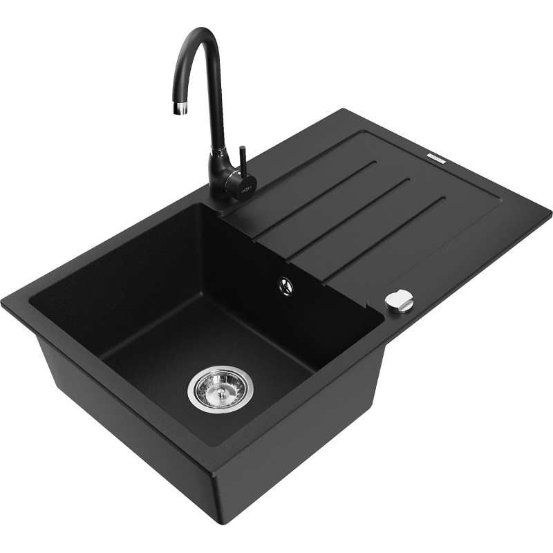 Mexen Bruno 1-bowl granite kitchen sink with drainer and Telma kitchen tap, black - 6513-77-670200-70