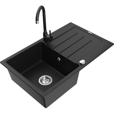 Mexen Bruno granite kitchen sink single bowl with drainer and Telma kitchen faucet, black - 6513-77-670200-70