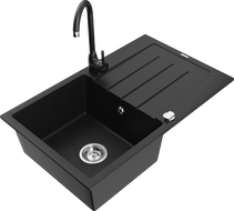Mexen Bruno granite kitchen sink single bowl with drainer and Telma kitchen faucet, black - 6513-77-670200-70