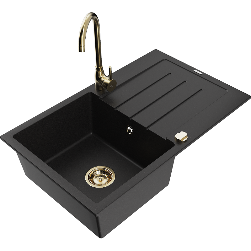 Mexen Bruno 1-compartment granite sink with a drip tray and kitchen mixer tap Telma, Black - 6513-77-670200-50