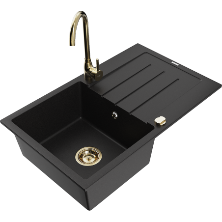 Mexen Bruno 1-bowl Granite Sink with Drainer and Telma Kitchen Faucet, Black - 6513-77-670200-50