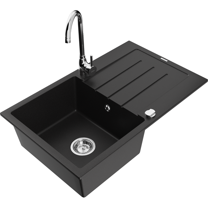 Mexen Bruno 1-compartment granite sink with a drip tray and kitchen mixer tap Telma, Black - 6513-77-670200-00