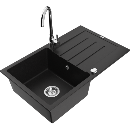 Mexen Bruno 1-bowl granite kitchen sink with drainer and Telma kitchen faucet, black - 6513-77-670200-00