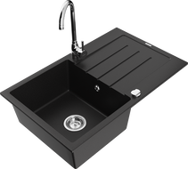 Mexen Bruno 1-bowl granite kitchen sink with drainer and Telma kitchen faucet, black - 6513-77-670200-00