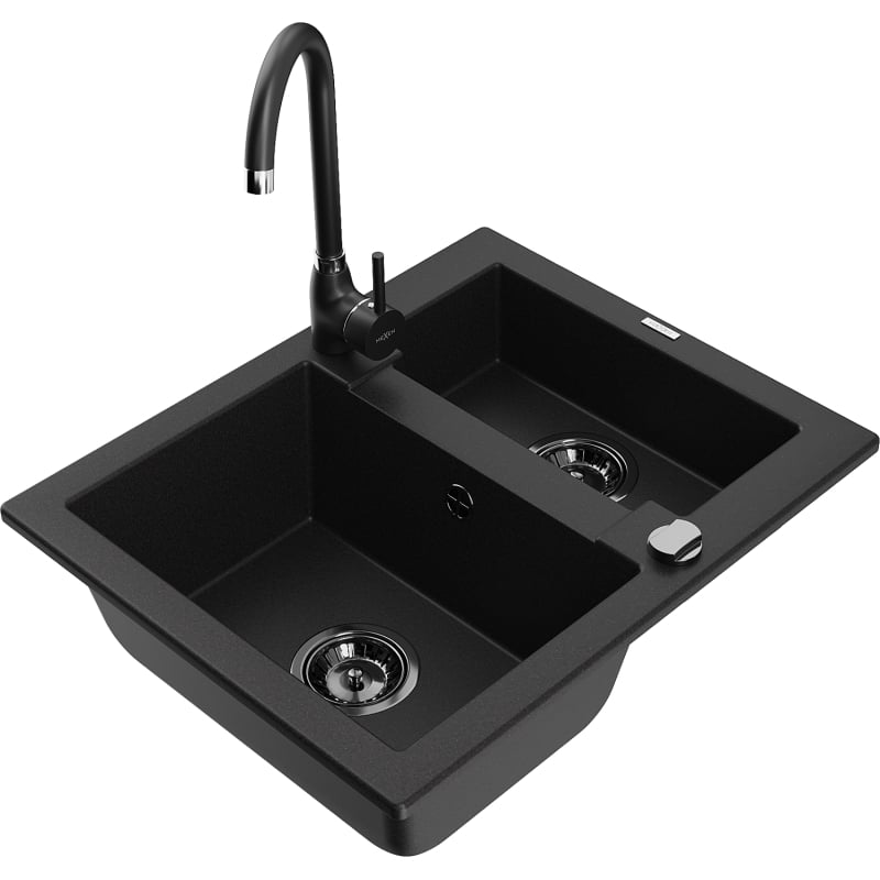 Mexen Carlos 1.5-bowl granite sink with Telma kitchen faucet, black - 6518-77-670200-70-B