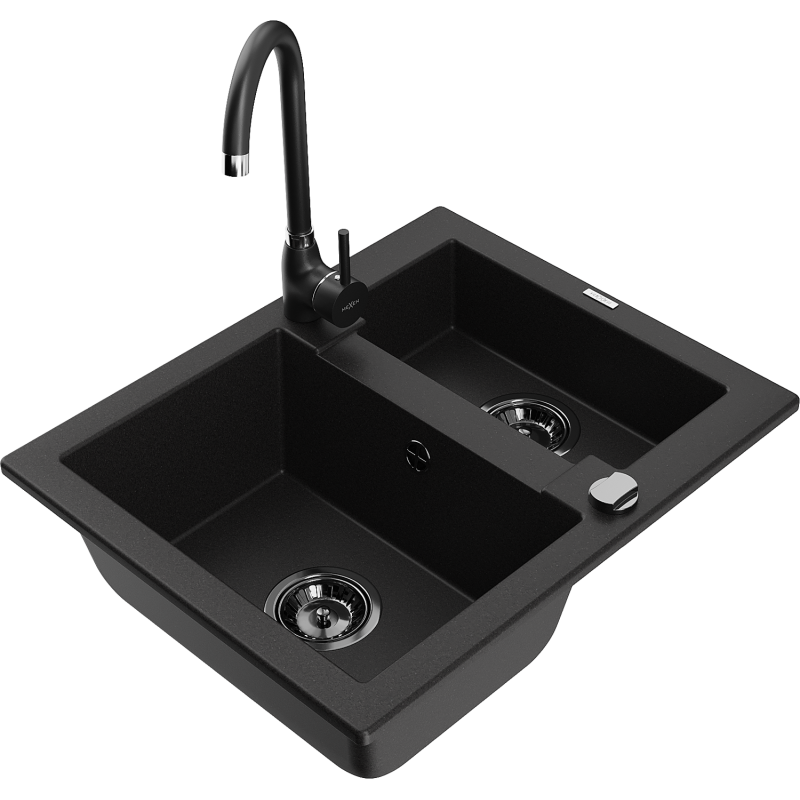 Mexen Carlos 1,5-compartment granite sink with a kitchen mixer tap Telma, Black - 6518-77-670200-70-B