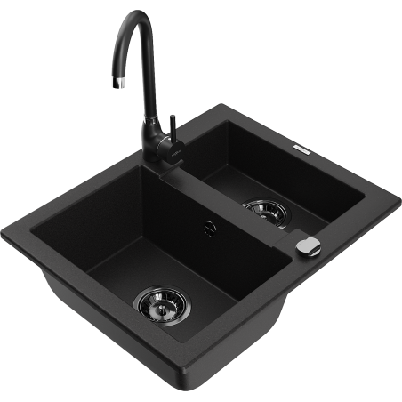 Mexen Carlos 1.5-bowl granite sink with Telma kitchen faucet, black - 6518-77-670200-70-B