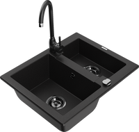 Mexen Carlos 1,5-compartment granite sink with a kitchen mixer tap Telma, Black - 6518-77-670200-70-B