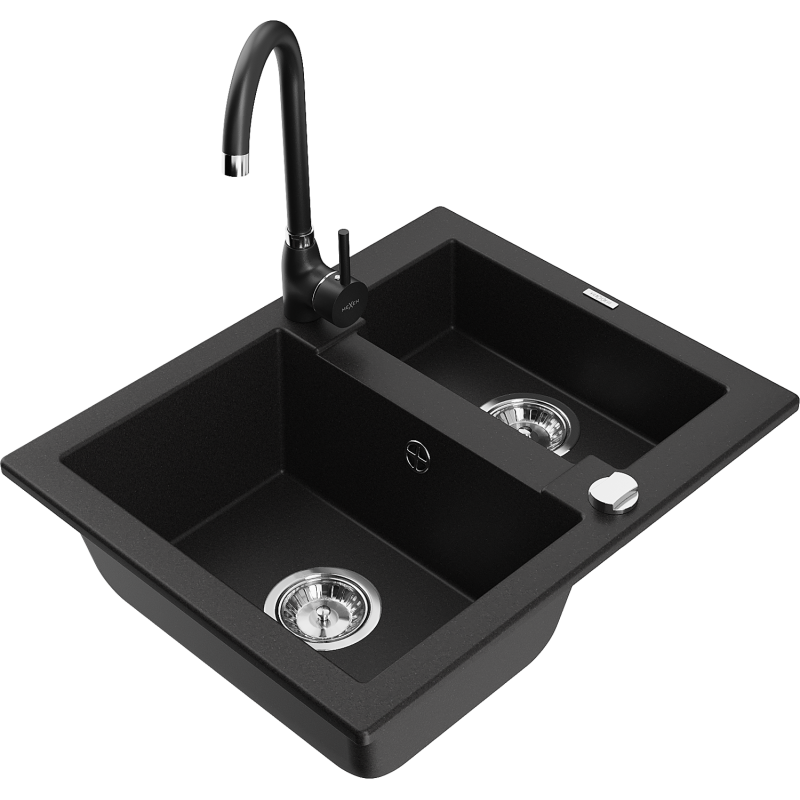 Mexen Carlos granite sink 1.5-bowl with Telma kitchen tap, black - 6518-77-670200-70