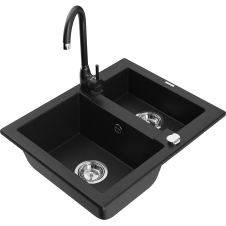 Mexen Carlos 1,5-compartment granite sink with a kitchen mixer tap Telma, Black - 6518-77-670200-70