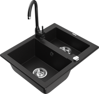 Mexen Carlos 1,5-compartment granite sink with a kitchen mixer tap Telma, Black - 6518-77-670200-70