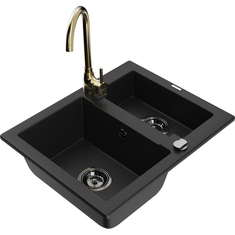 Mexen Carlos 1,5-compartment granite sink with a kitchen mixer tap Telma, Black - 6518-77-670200-50-B