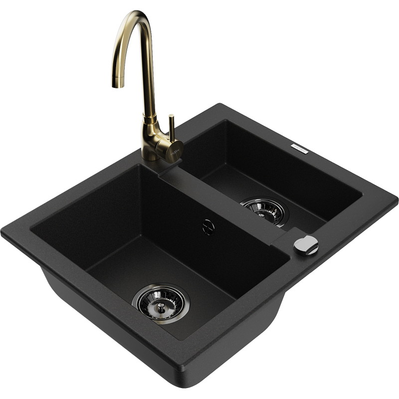 Mexen Carlos granite sink 1.5-bowl with Telma kitchen faucet, black - 6518-77-670200-50-B