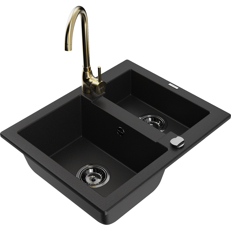 Mexen Carlos granite sink 1.5-bowl with Telma kitchen tap, black - 6518-77-670200-50-B