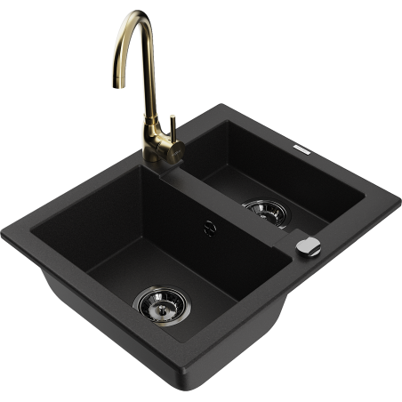 Mexen Carlos granite sink 1.5-bowl with Telma kitchen faucet, black - 6518-77-670200-50-B