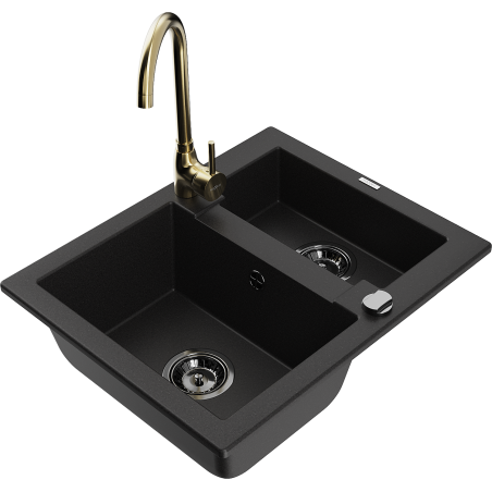 Mexen Carlos granite sink 1.5-bowl with Telma kitchen tap, black - 6518-77-670200-50-B