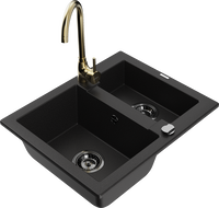 Mexen Carlos granite sink 1.5-bowl with Telma kitchen faucet, black - 6518-77-670200-50-B