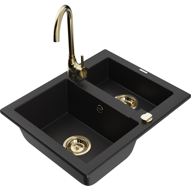 Mexen Carlos 1,5-compartment granite sink with a kitchen mixer tap Telma, Black - 6518-77-670200-50