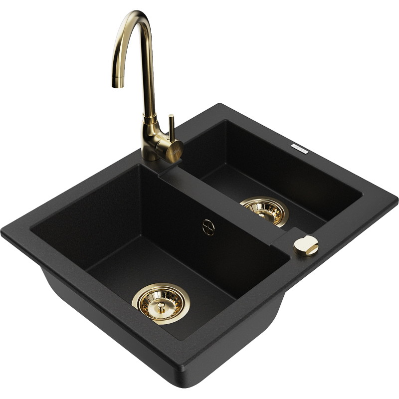 Mexen Carlos granite kitchen sink 1.5-bowl with Telma kitchen faucet, black - 6518-77-670200-50