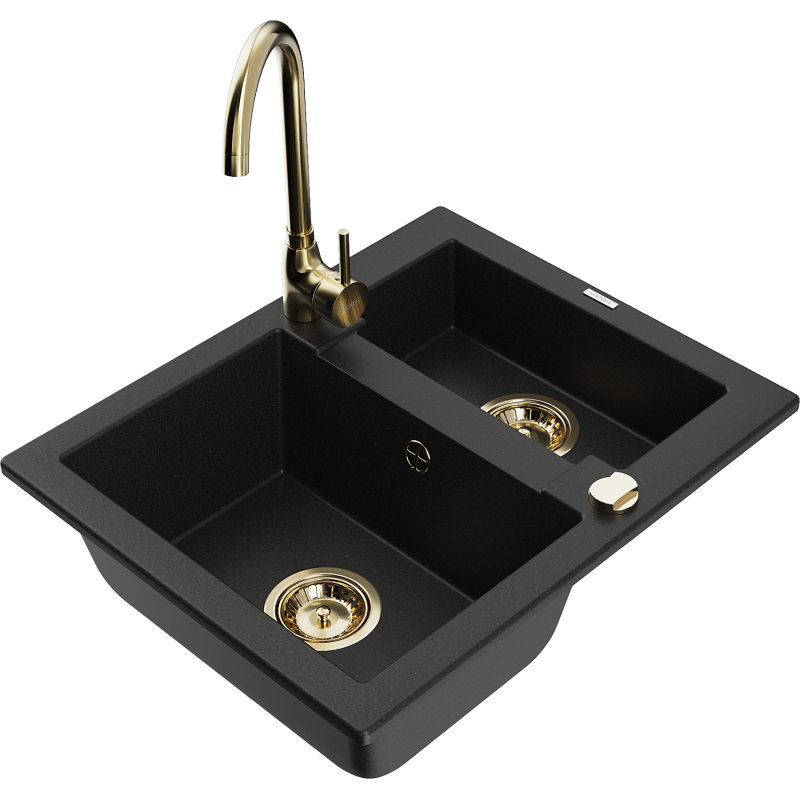 Mexen Carlos granite sink 1.5-bowl with Telma kitchen tap, black - 6518-77-670200-50