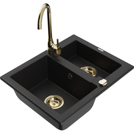 Mexen Carlos granite kitchen sink 1.5-bowl with Telma kitchen faucet, black - 6518-77-670200-50
