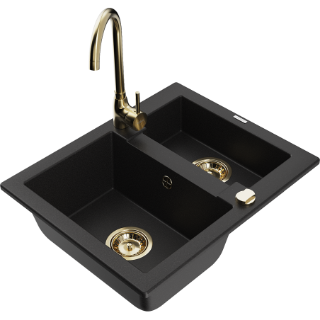 Mexen Carlos granite sink 1.5-bowl with Telma kitchen tap, black - 6518-77-670200-50