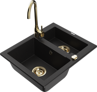 Mexen Carlos granite kitchen sink 1.5-bowl with Telma kitchen faucet, black - 6518-77-670200-50