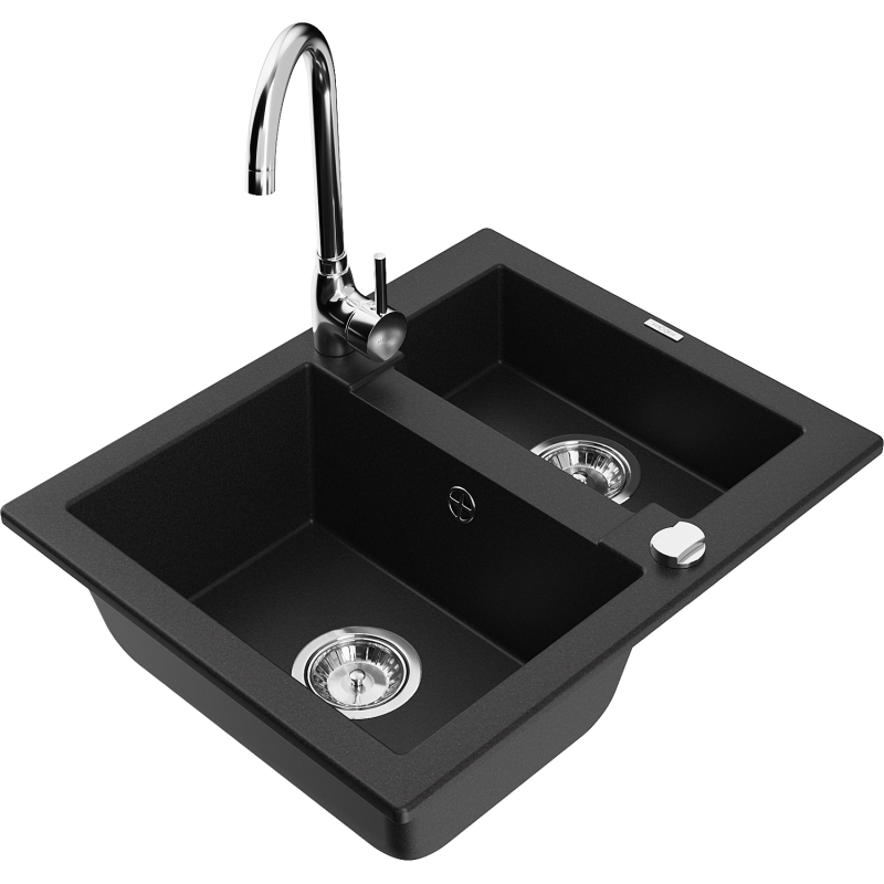 Mexen Carlos 1,5-compartment granite sink with a kitchen mixer tap Telma, Black - 6518-77-670200-00